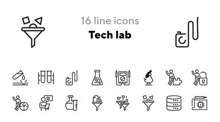 Poster - Tech lab line icon set. Chemical tube, microscope, binary code filter, data storage. Research concept. Can be used for topics like chemistry, information technology, science