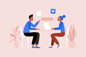 Poster - Vector illustration in flat simple style with characters - two people working together at the laptop, project management concept