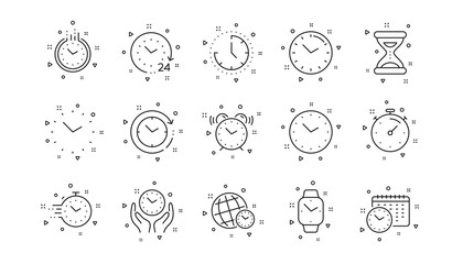 Poster - Timer, Alarm and Smartwatch. Time and clock line icons. Time management, 24 hour clock, deadline alarm icons. Sand hourglass, smartwatch, timer stopwatch. Linear set. Geometric elements. Vector