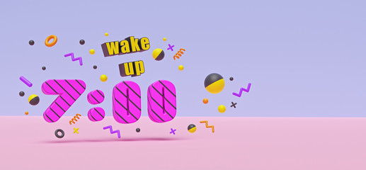 Poster - wake up text with geometric shapes, isolated on pastel background. morning concept banner design with copy space. 3d rendering
