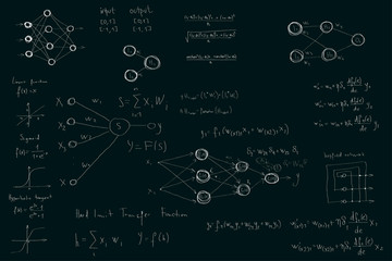 Formulas and diagrams computer science and data science, neural network diagrams and calculation formulas