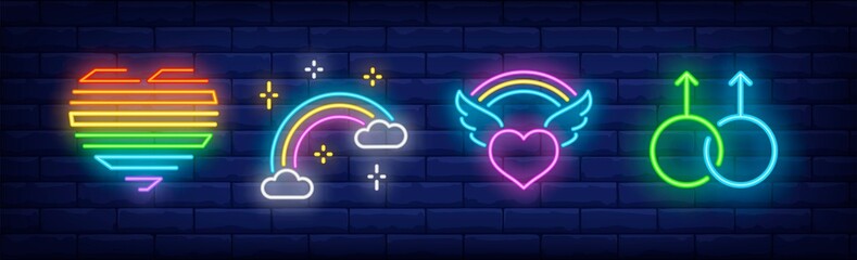 Wall Mural - LGBT symbols neon sign set. Rainbow, heart, wings, male. Vector illustration in neon style, bright banner for topics like homosexual relationships, gay pride, community
