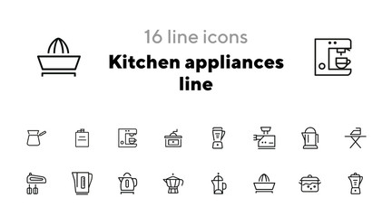Kitchen appliances line icons. Set of line icons on white background. Inhouse concept. Kettle, teapot, mixer. Vector illustration can be used for appliances, service, house