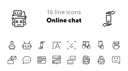 Poster - Online chat line icon set. Bot, speech bubble, message, digital device. Artificial intelligence concept. Can be used for topics like communication, automation, machine learning