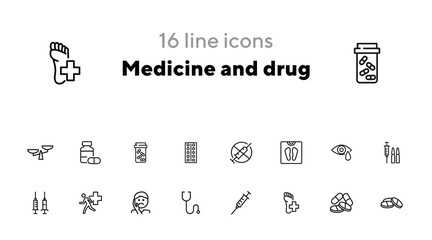 Poster - Medicine and drug icons. Set of line icons on white background. Syringe, injection, illness. Hospital concept. Vector illustration can be used for topics like medicine, drug store, healthcare