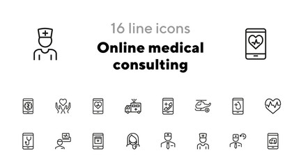 Sticker - Online medical consulting line icon set. Emergency call, helicopter, doctor schedule. Health care concept. Can be used for topics like medicine, mobile app, medical help