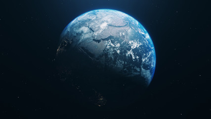 Wall Mural - 3D rendering blue realistic glow earth in open space