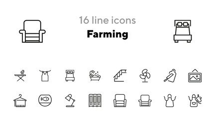 Farming line icon set. Set of line icons on white background. Nature concept. Pig, horse, food, product. Nature concept. Vector illustration can be used for topics like environment, farm, production