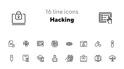 Poster - Hacking line icon set. Programmer, computer, memory stick. Information technology concept. Can be used for topics like antivirus, data safety, programming