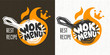 Wok menu asian food logo, Wok pan, fire, lettering, splash, drops, textured background logotype design. Hand drawn vector illustration