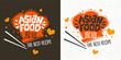 Asian food menu logo, Chef hat, sticks, lettering, best recipe, hearts, textured background logotype design. Hand drawn vector illustration