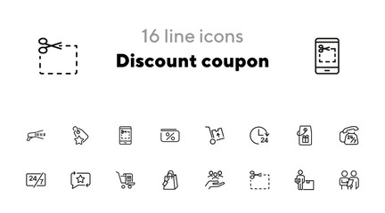 Discount coupon icons. Set of line icons on white background. Clock, coupon, delivery. Sale concept. Vector illustration can be used for topics like shopping, trading, special offers