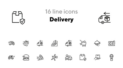 Delivery icon set. Line icons collection on white background. Food, parcel, box. Express delivery concept. Can be used for topics like logistic, service, transportation