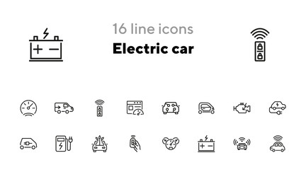 Poster - Electric car line icon set. Vehicle, engine, battery, charging station. Transport concept. Can be used for topics like ecology, city, car service, bio fuel