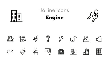 Engine line icon set. Set of line icons on white background. Equipment concept. Gear, drill, engineer, worker. Vector illustration can be used for topics like construction, repair, engineering