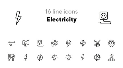 Poster - Electricity line icon. Set of line icons on white background. Energy concept. High voltage, lightning, lamp. Vector illustration can be used for topics like engineering, power