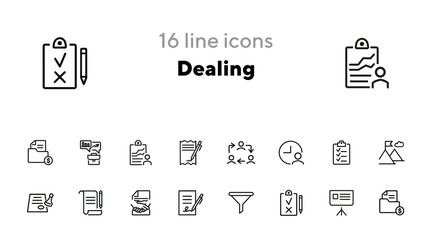 Sticker - Dealing line icon set. Funnel, contract signing, handshake. Business concept. Can be used for topics like agreement, paperwork, money making