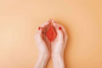 small red paper boat in female palms. conceptual abstract image of the vagina