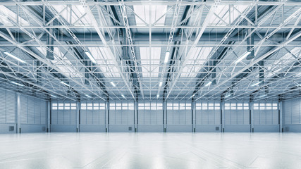  Steel construction factory building indoor general view as industrial 3D background copy space illustration.