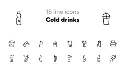 Sticker - Cold drinks line icon set. Lemonade, cocktail, bottle, straw. Drink concept. Can be used for topics like summer, bar menu, cafe