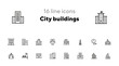 City buildings icon set. Line icons collection on white background. Skyscraper, architecture, street. Construction concept. Can be used for topics like tourism, business center, financial district