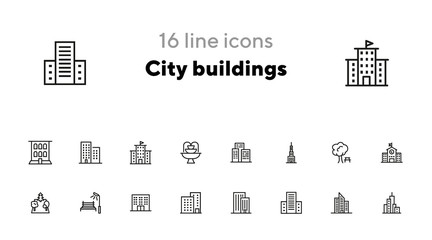 Sticker - City buildings icon set. Line icons collection on white background. Skyscraper, architecture, street. Construction concept. Can be used for topics like tourism, business center, financial district