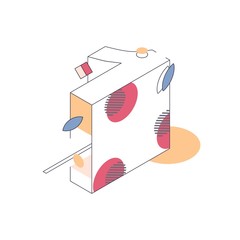 Poster - Isometric number one decorated with graphic elements like stripes and round shapes. Isolated on white background digit 1 in outline and bright colors