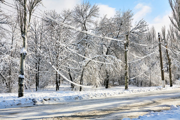 Electric power line hanging down under the weight of snow. Weather collapse. Snow on electrical wires in the city. Old electrical cables.