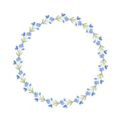 Wreath of watercolor blue flowers on a white background. Use for menus, weddings, invitations, and birthdays.