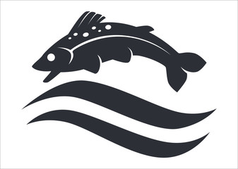 Wall Mural - Underwater animal fish above wave silhouette black symbol vector