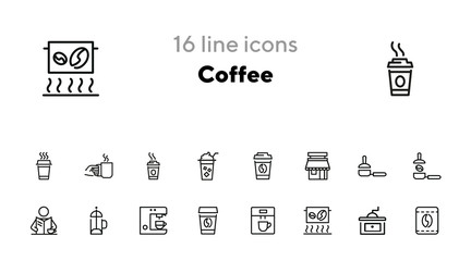 Wall Mural - Coffee line icon set. Takeaway cup, grinder, bean. Coffee break concept. Can be used for topics like coffee shop, cafe, morning