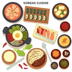 Wall Mural - Korean cuisine, set of dishes with veggies and seafood