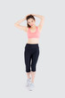 © NT_studio - Beautiful portrait young asian woman standing workout stretch muscle arm with healthy isolated on white background, asia girl wear sport clothes exercise and yoga for health, wellness concept.