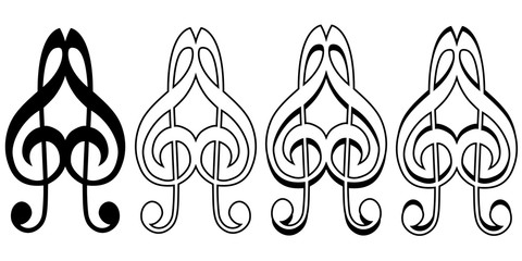 Poster - Logo musical love sign icon two treble keys form a heart, vector logo music lover heart from a treble key