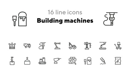 Wall Mural - Building machines icons. Set of line icons on white background. Block, engineer, system. Construction concept. Vector illustration can be used for topics like design, manufacturing, industry