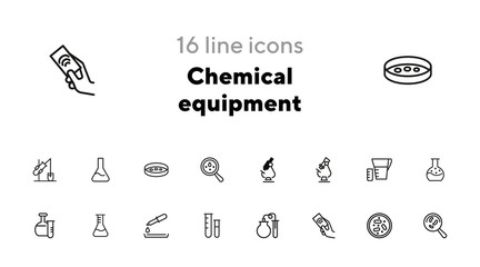 Chemical equipment line icon set. Set of line icons on white background. Molecule, structure, atom, flask. Science concept. Vector illustration can be used for topics like experiment, laboratory