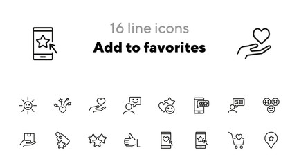 Poster - Add to favorites line icon set. Like, thumb up, stars, hearts. Mobile app concept. Can be used for topics like approval, wish list, shopping, feedback