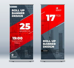 Wall Mural - red business roll up banner. abstract roll up background for presentation. vertical roll up, x-stand