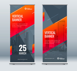 Wall Mural - red business roll up banner. abstract roll up background for presentation. vertical roll up, x-stand