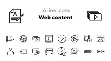 Poster - Web content line icon set. Video file, adult content, email. Media content concept. Can be used for topics like internet, digital marketing, movie watching