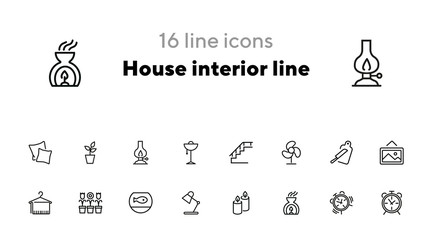 House interior line icons. Set of line icons on white background. Decoration concept. Flowers, stair, candles. Vector illustration can be used for topics like decoration, home, design