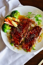 A Plate With Beef Teriyaki At A Japanese Restaurant