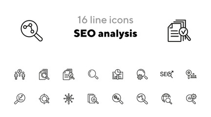 Poster - SEO analysis line icon set. Magnifier glass, graph, gear. Marketing concept. Can be used for topics like data analytics, research, business