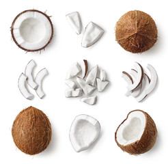 set of fresh whole and half coconut and slices