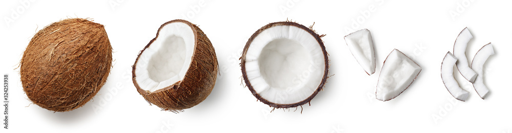 Set of fresh whole and half coconut and slices - obrazy, fototapety, plakaty 