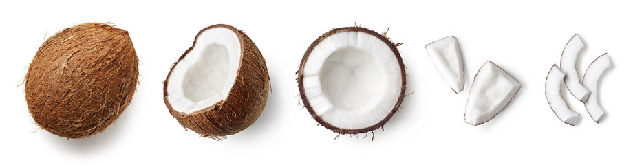 set of fresh whole and half coconut and slices