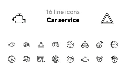 Car service line icon set. Set of line icons on white background. Motor, wheel, speedometer. Automobile concept. Vector illustration can be used for topics like auto service, car details, speed