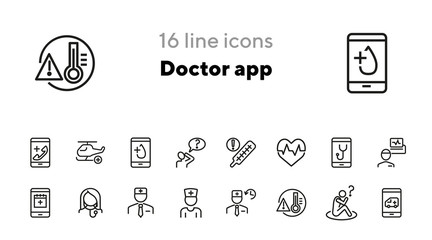 Sticker - Doctor app line icon set. Mobile phone, ambulance call, doctor schedule. Medicine concept. Can be used for topics like medical service, urgent help, emergency