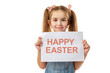 © producer - Happy cute kid holding colorful letters isolated on white background. children with words Happy Easter.