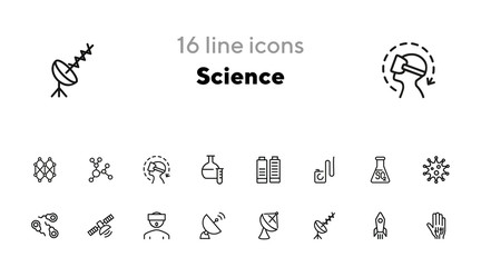 Science line icon set. Set of line icons on white background. Space concept. Antennae, satellite, rocket. Vector illustration can be used for topics like space ship, space travelling, science